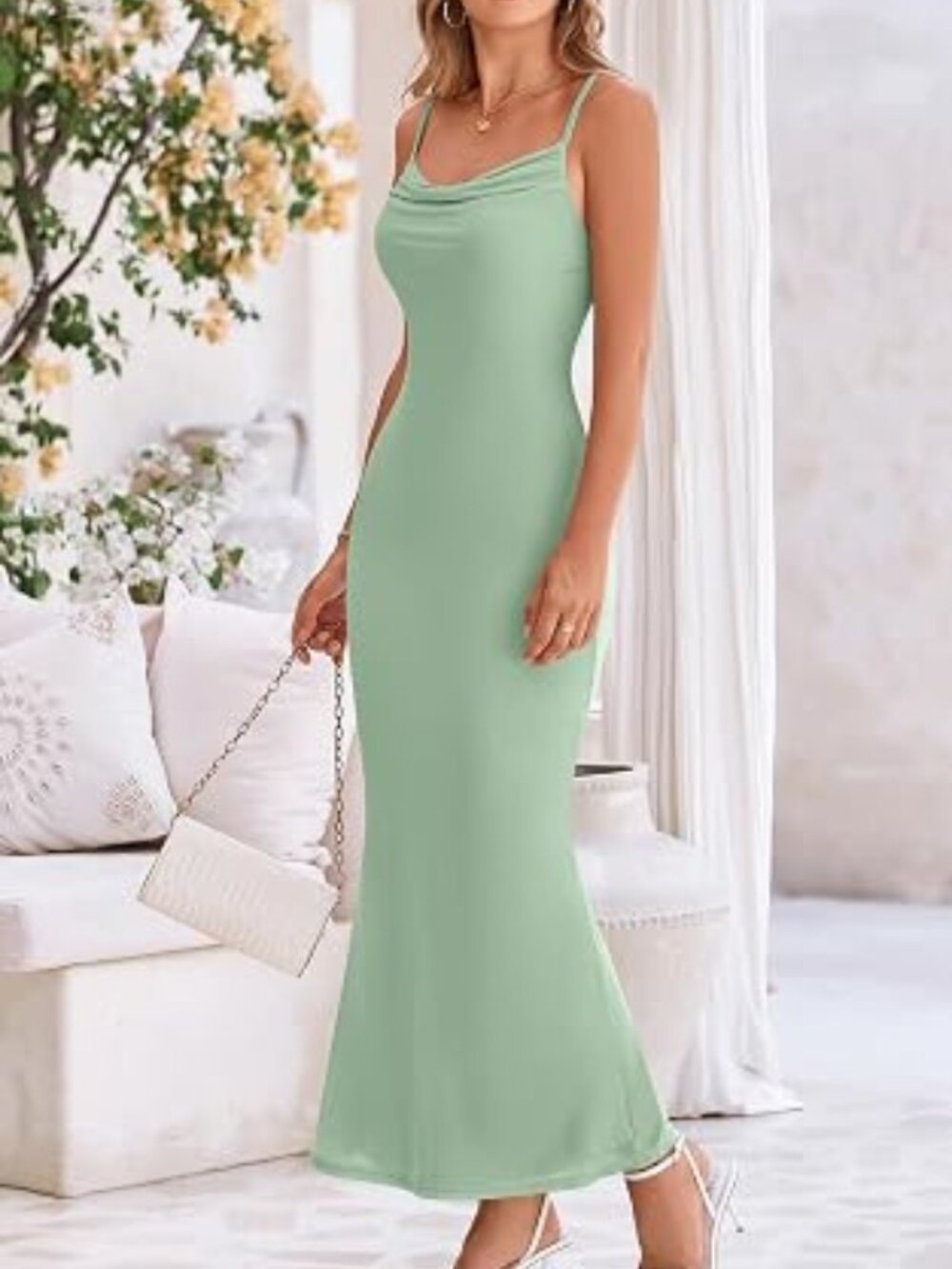 Women's Sage Green Bodycon Mesh Slip Spaghetti Strap Elegant Maxi Dress Size-S